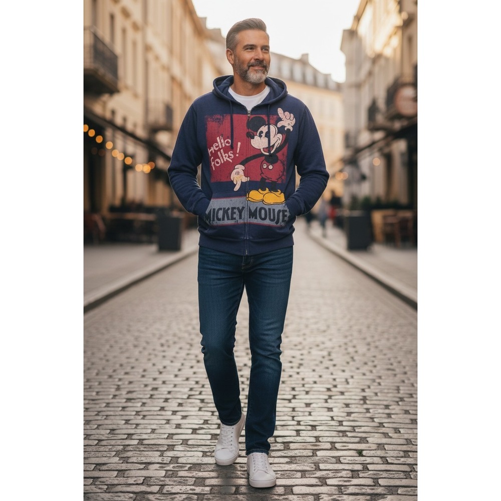 Disney Store Sweatshirt Mens Small Blue Mickey Mouse Hood Pockets‎ Full Zip